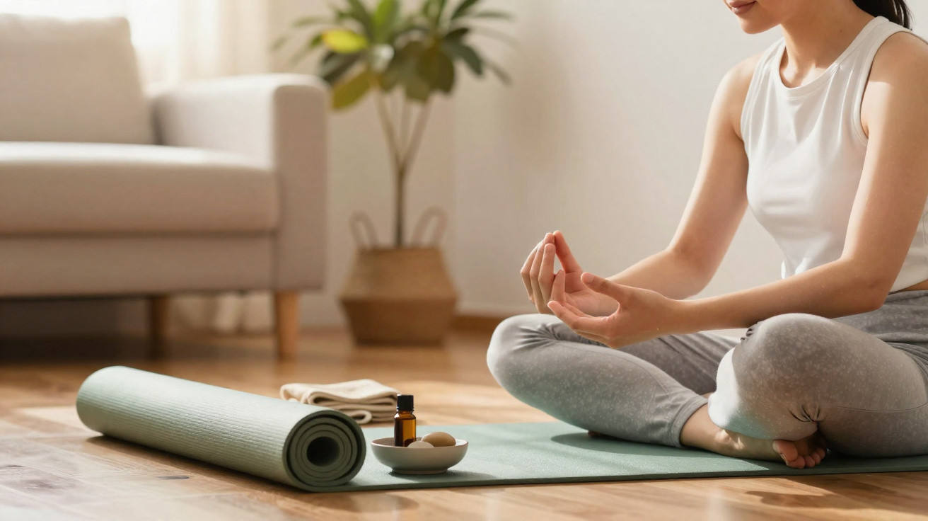 Woman meditating on yoga mat in a bright room with rolled mat, towel, essential oil, and stones nearby.