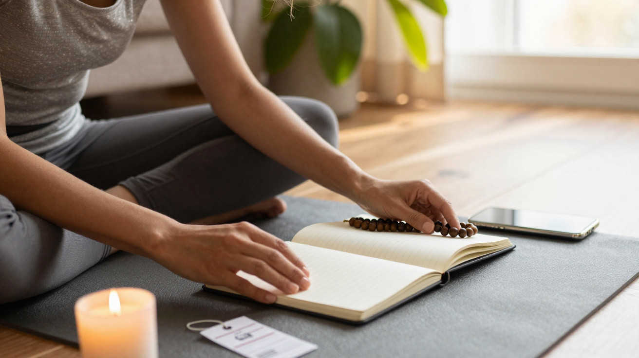 Person sitting cross-legged on a yoga mat flipping an open notebook with a rosary and smartphone nearby.
