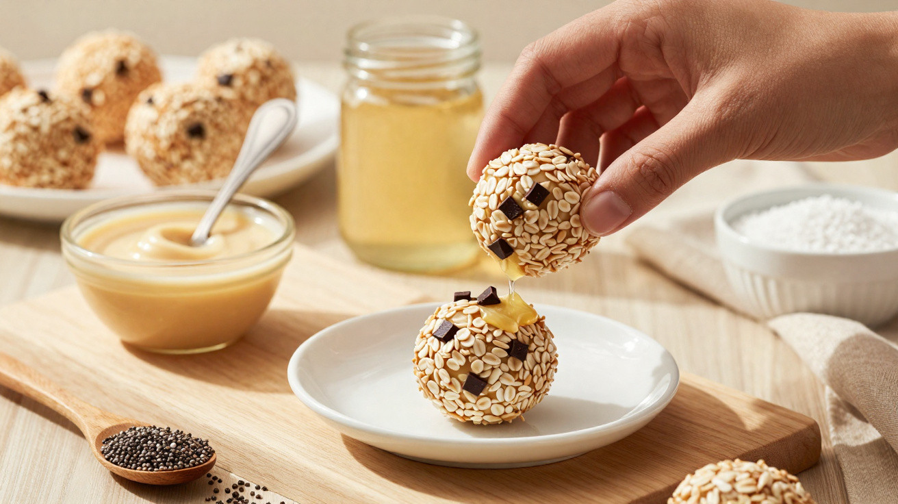 Hand placing sesame-covered energy ball topped with honey on a white plate beside honey and chia seeds.