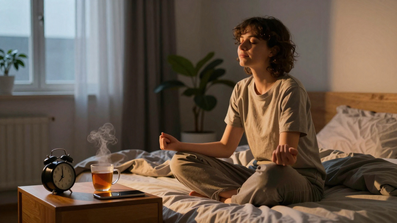 Person sitting cross-legged on bed, meditating with eyes closed, next to a steaming cup of tea on a bedside table.