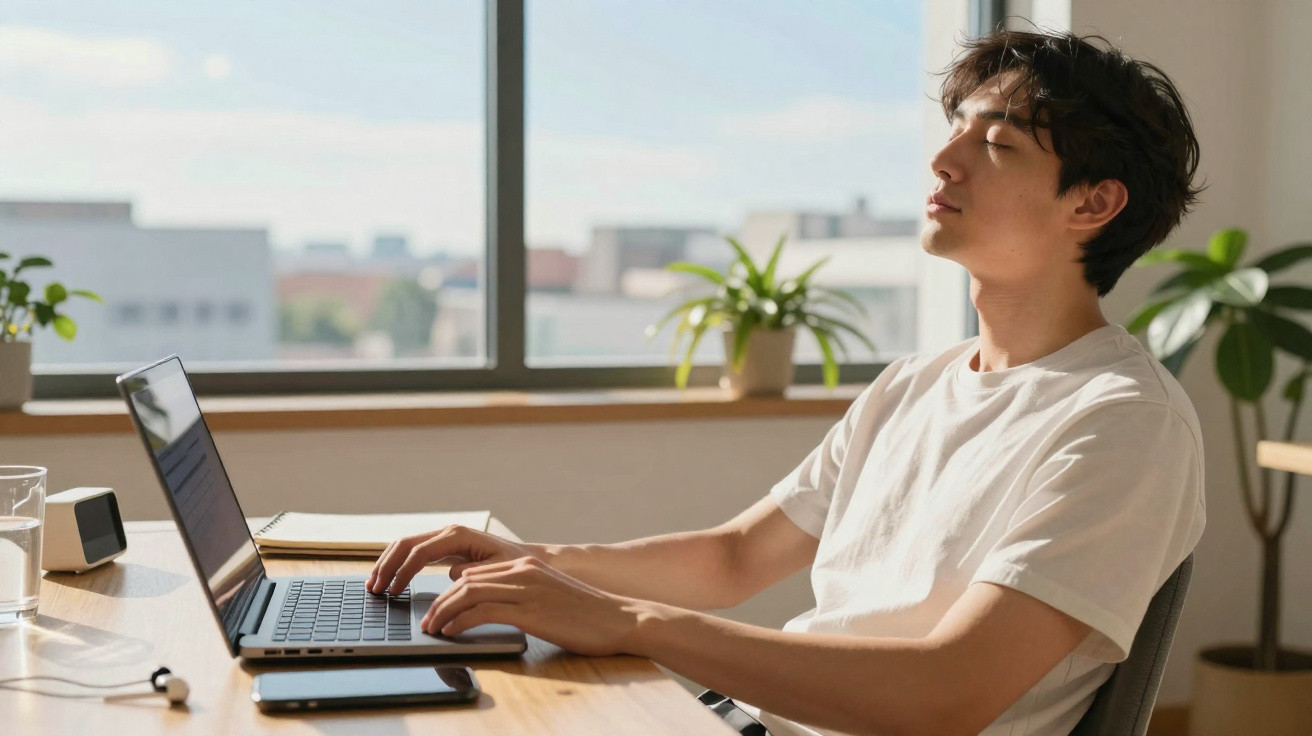Young man resting with eyes closed at desk with laptop in bright room by window with plants
