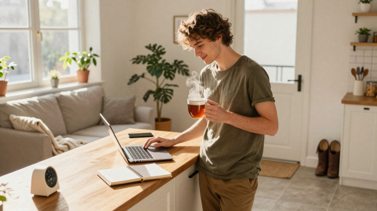 Young man holding a steaming cup of tea while using a laptop in a bright, cosy kitchen.