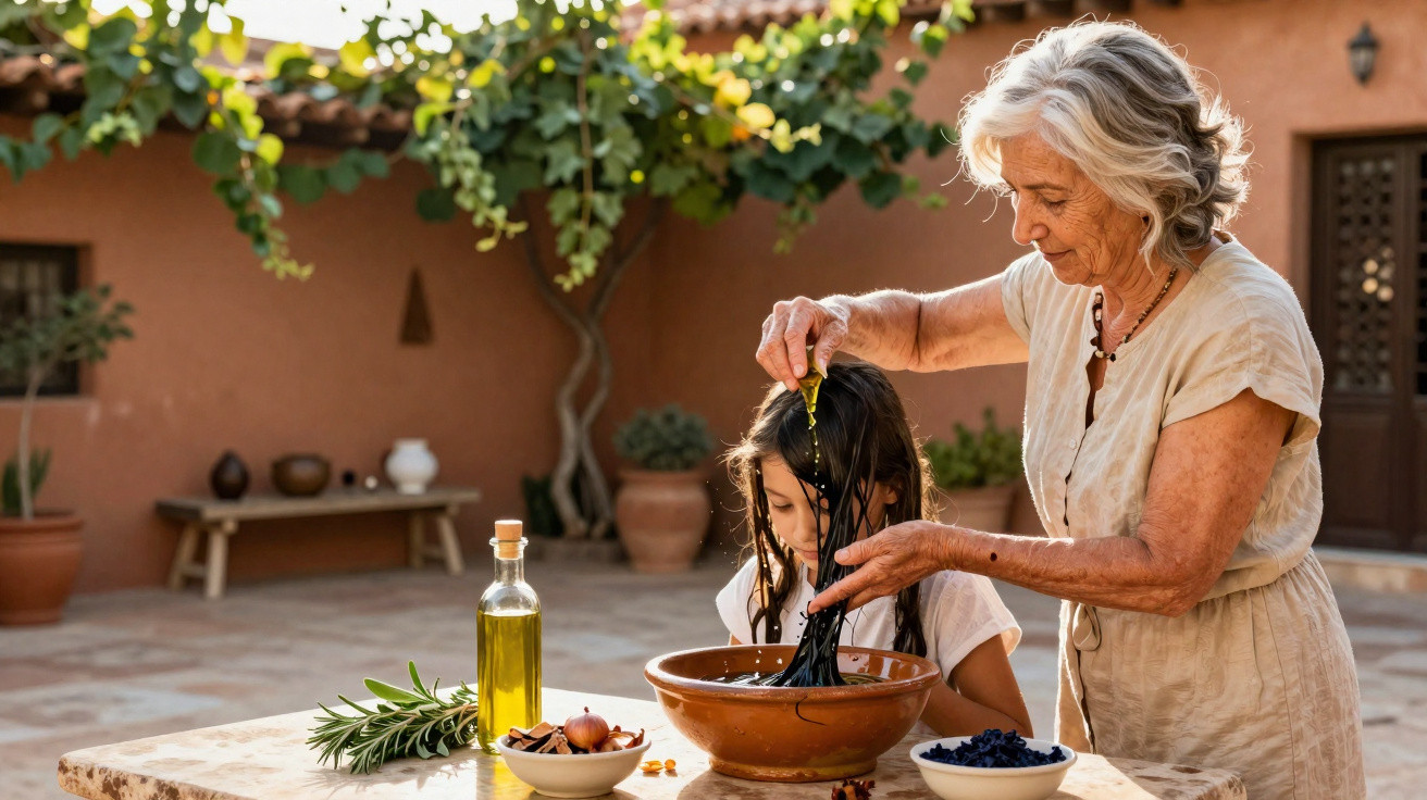 Elderly woman helping young girl rinse black pasta in a bowl outdoors with olive oil and herbs nearby.