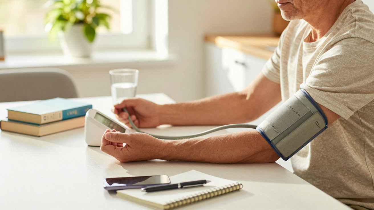 Middle-aged man measuring blood pressure at home with digital monitor on a bright table with books and notepad