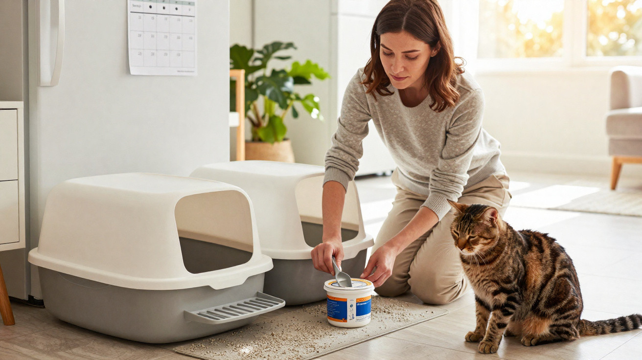 Woman cleaning cat litter from a mat next to two covered litter trays with a tabby cat nearby in a bright room.