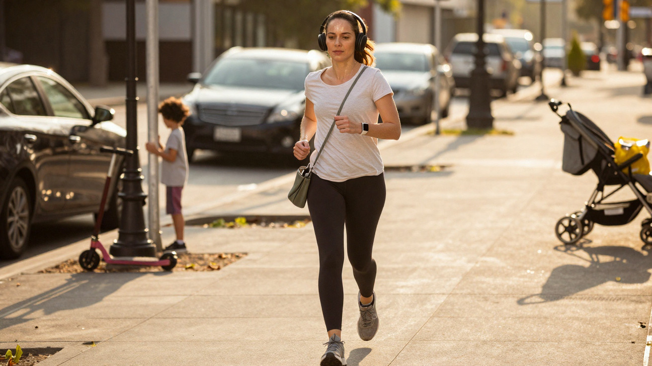 Woman jogging on city pavement wearing headphones with a child and stroller in the background.