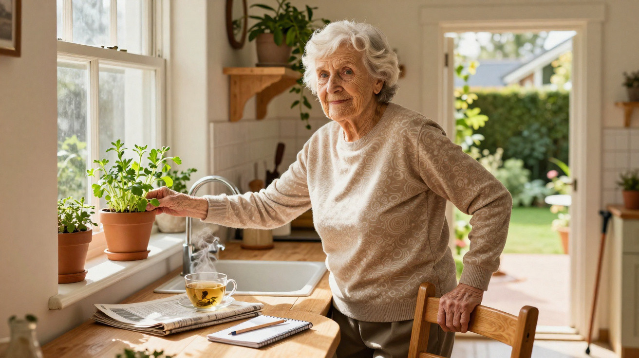 Elderly woman tending to potted plants on a kitchen windowsill with a notebook and tea nearby.