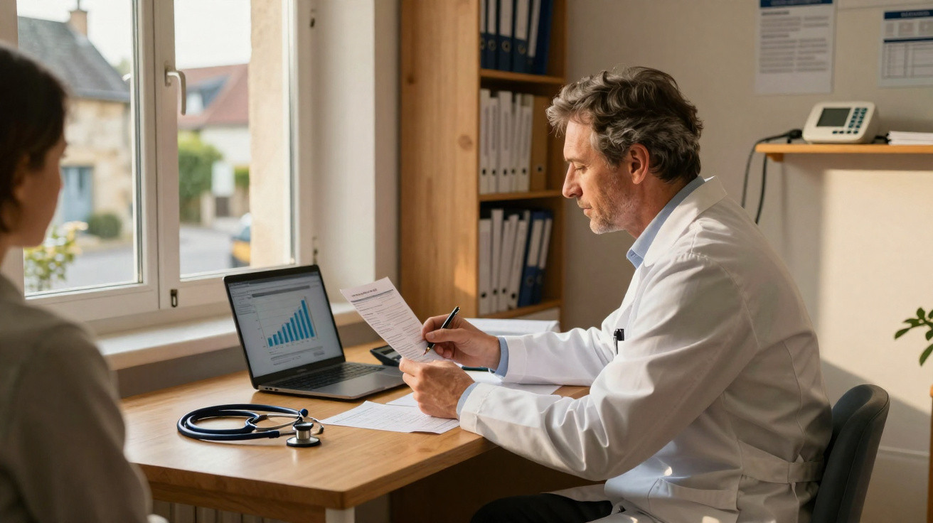 Doctor in white coat reviewing patient documents at desk with laptop showing a bar chart in a medical office