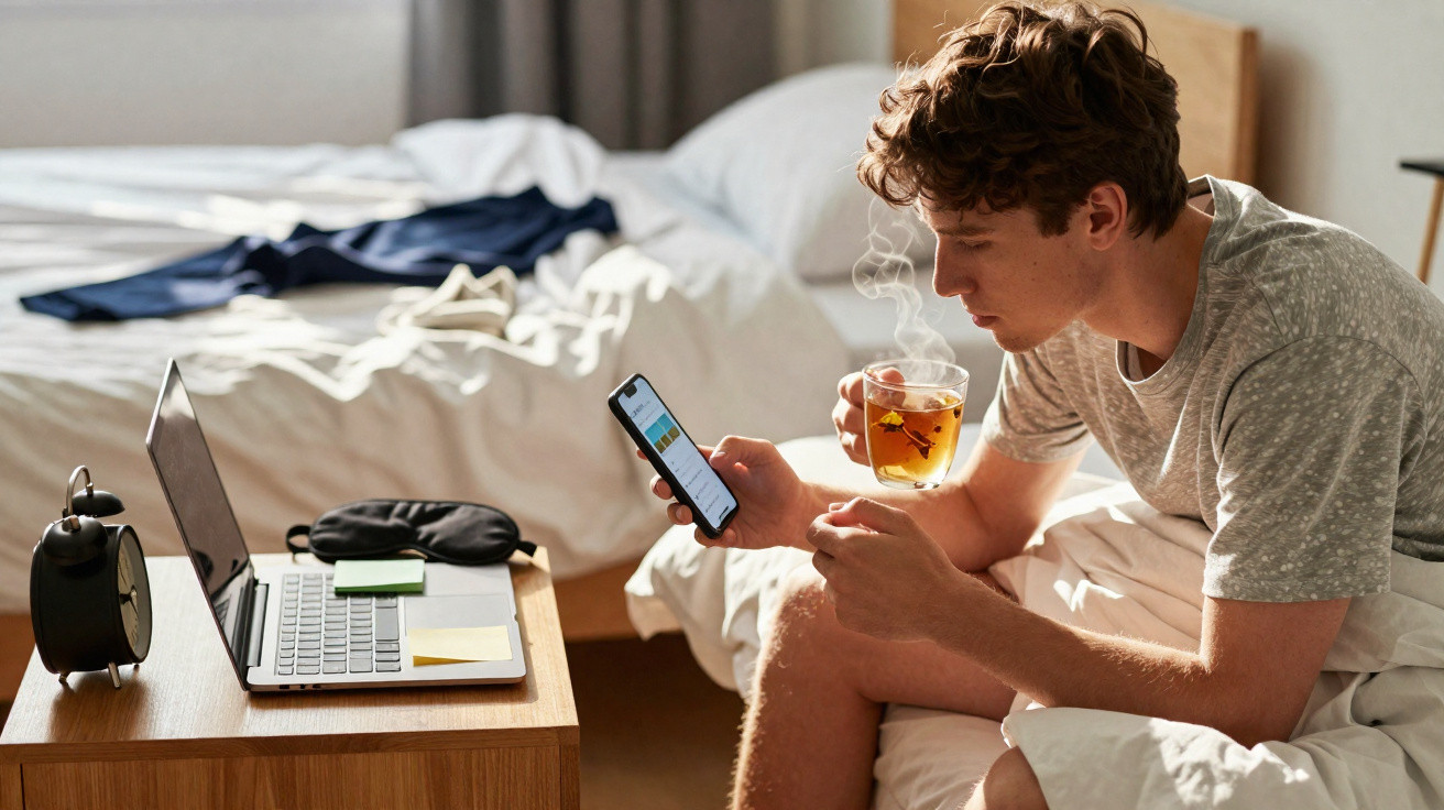 Young man sitting on bed, holding a steaming cup of tea and looking at his smartphone, with laptop and alarm clock on bedside