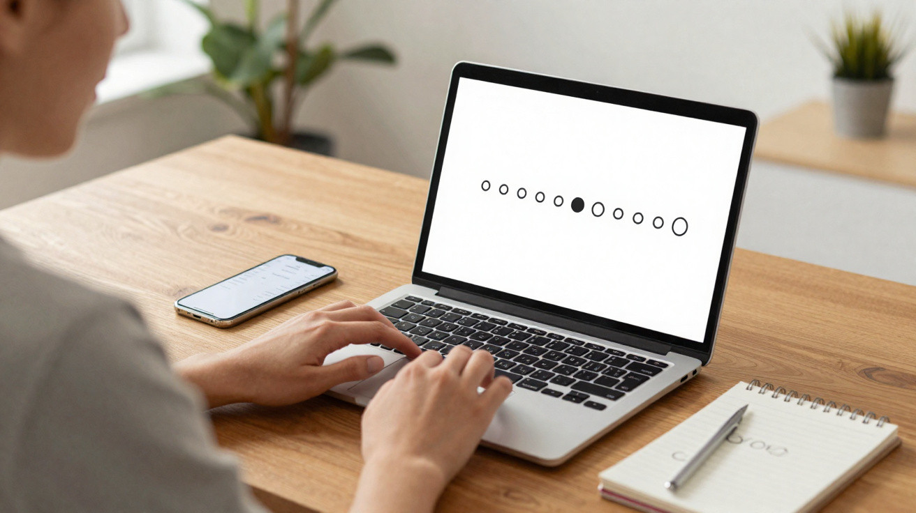 Person typing on laptop showing loading or processing icons on screen with phone and notebook nearby.