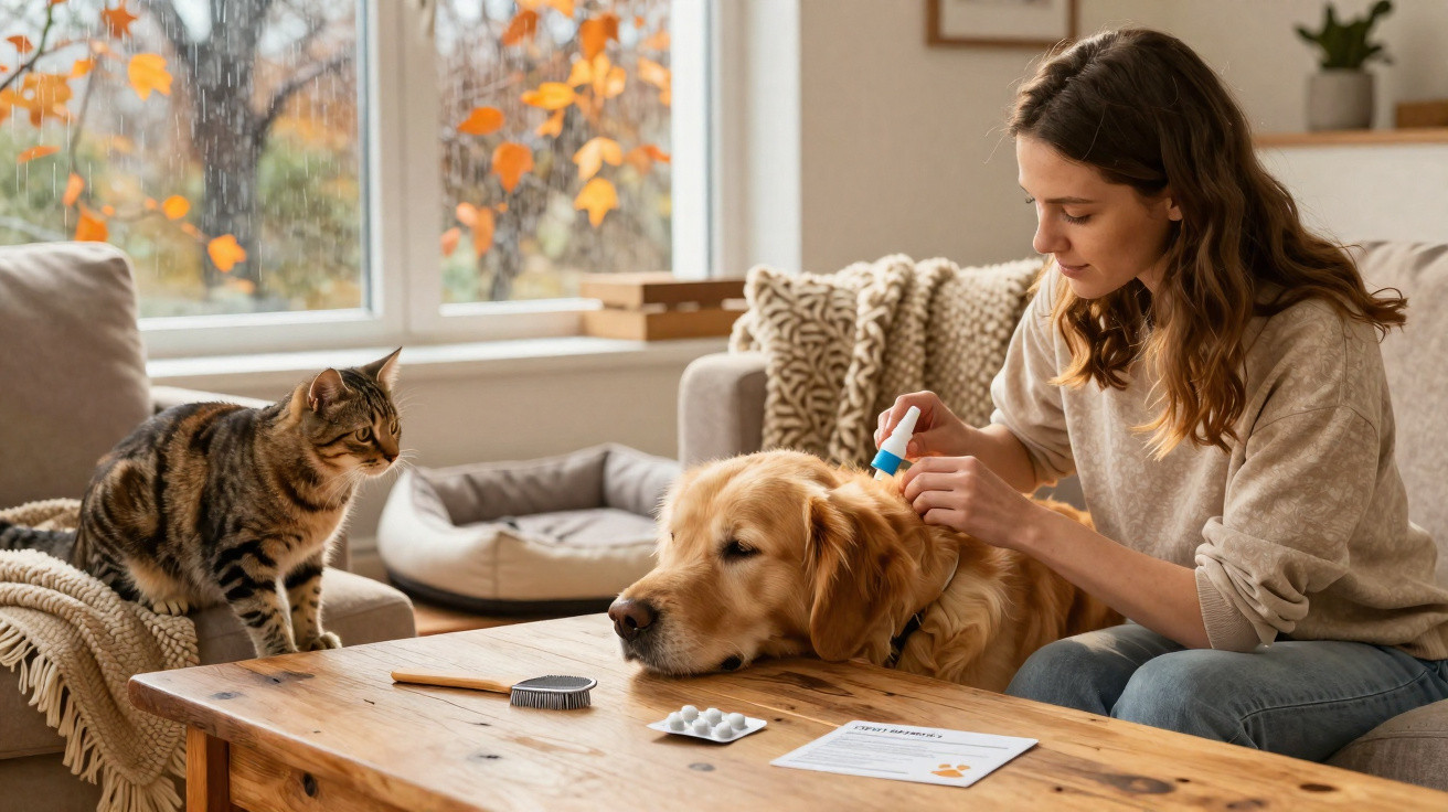 Woman applying flea treatment on a golden retriever dog while a tabby cat watches by the window in autumn.