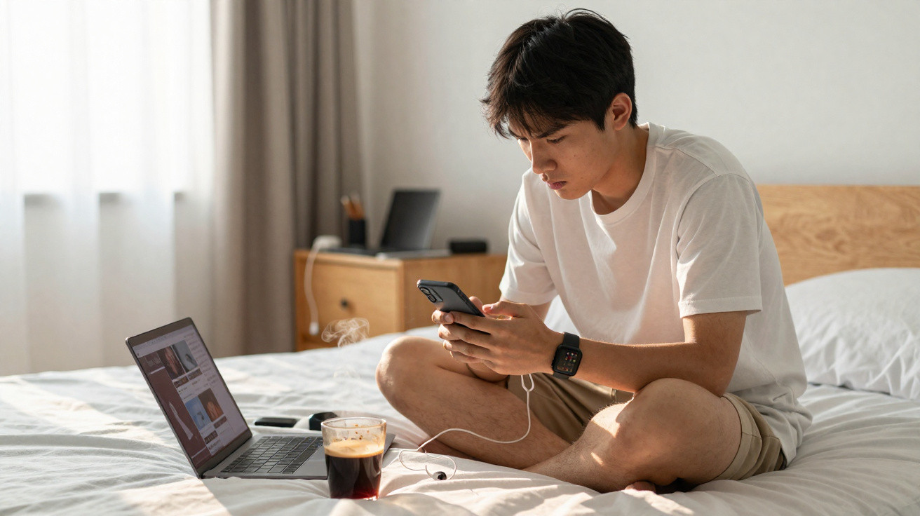 Young man sitting cross-legged on bed using smartphone with laptop and coffee in a bright bedroom.