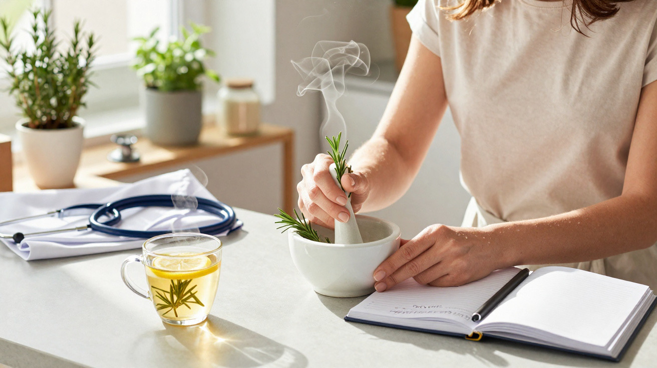 Person grinding herbs in a mortar with steam rising, next to a steaming herbal tea and open notebook.