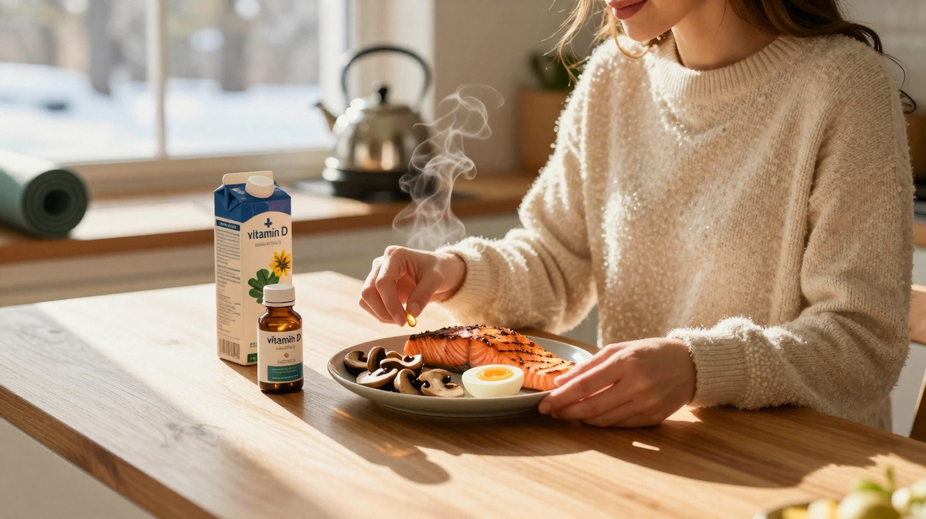Woman in cream sweater adding vitamin D capsule to a steaming plate of salmon, mushrooms, and boiled egg at wooden table.