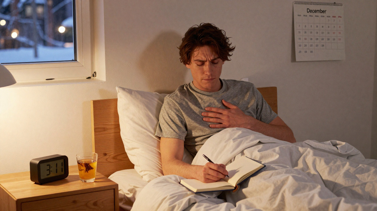 Young man in bed writing in notebook with a pained expression, clock shows 3:11, December calendar on wall.