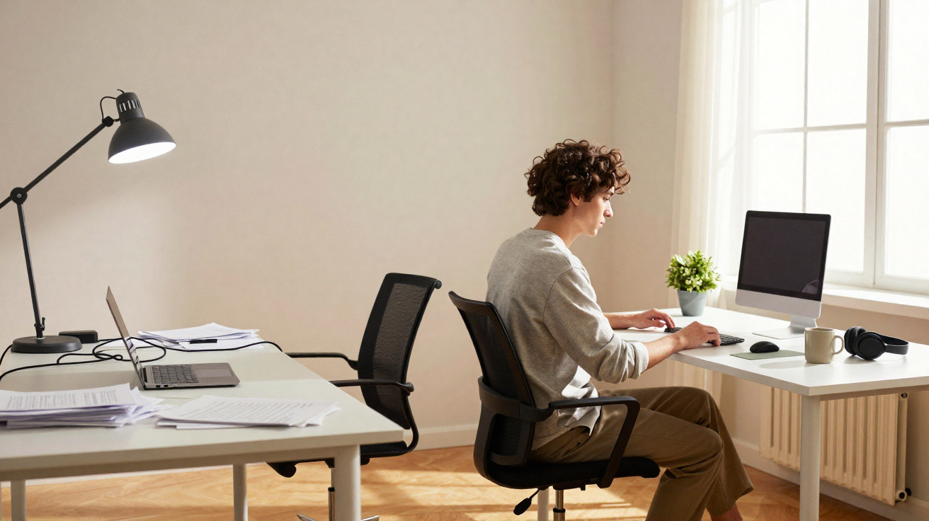 Person with curly hair working on a desktop computer in a bright, minimal home office with papers and laptop on another desk.