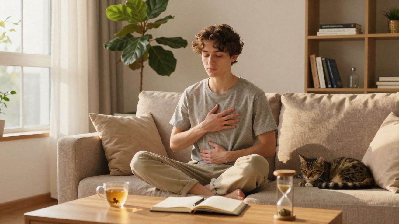 Person meditating with eyes closed on sofa, hand on chest and stomach, cat sleeping beside, tea and open book on table.