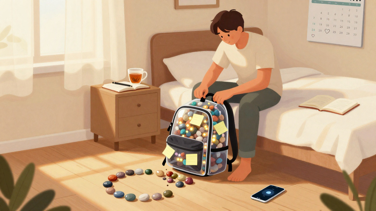 Person sitting on bed arranging colourful stones from a see-through backpack in a sunlit bedroom.