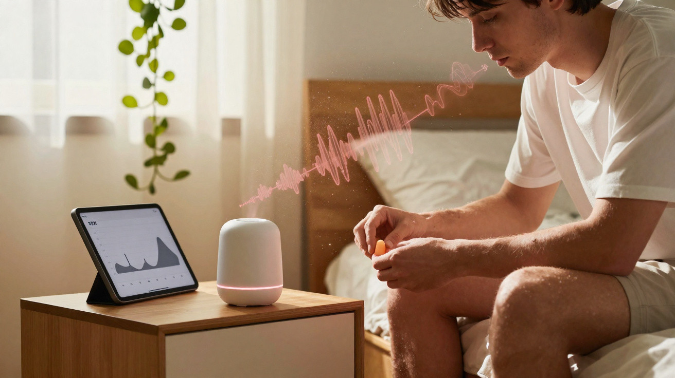 Young man sitting on bed interacting with a smart speaker next to a tablet on a wooden bedside table