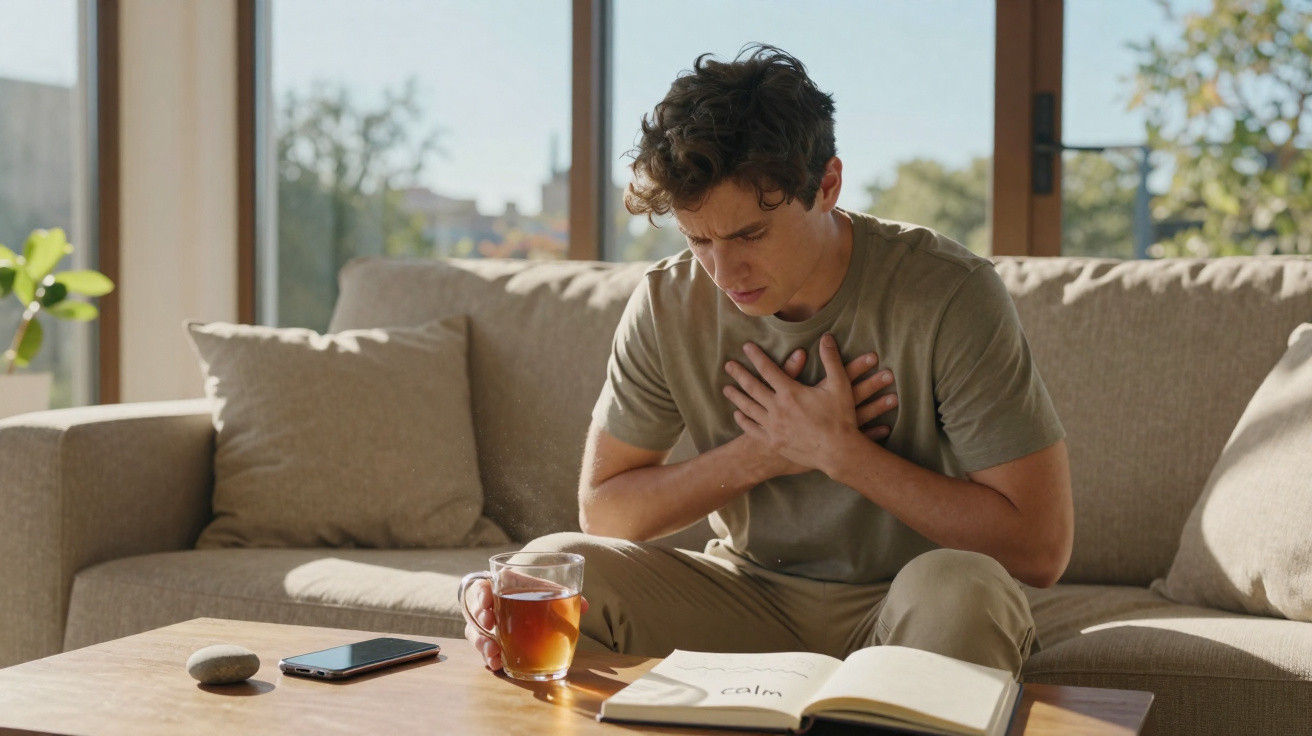 Young man sitting on a sofa holding his chest in pain, with a cup of tea and an open notebook on the table.