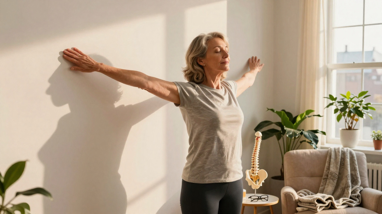 Middle-aged woman stretching arms against a sunlit wall in a cosy living room with plants.