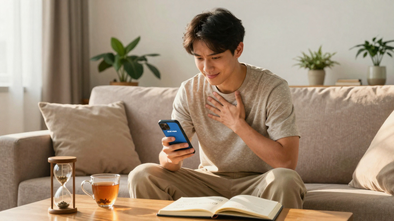 Young man sitting on sofa video calling on smartphone with book, tea, and hourglass on table in living room