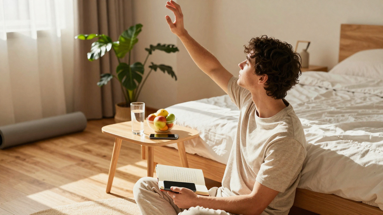 A young man sits on the floor near a bed reaching towards sunlight coming through a window in a bright bedroom.