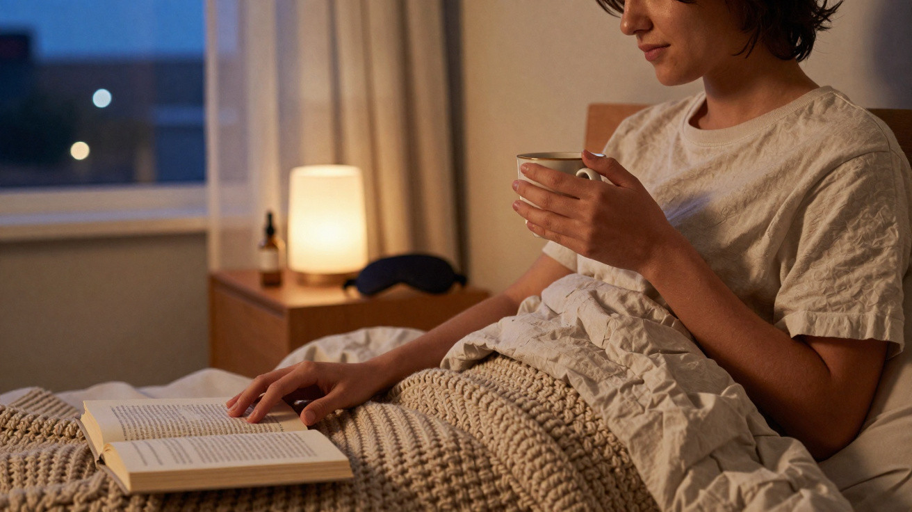 Person sitting in bed reading a book and holding a cup, with a bedside lamp and window in the background.