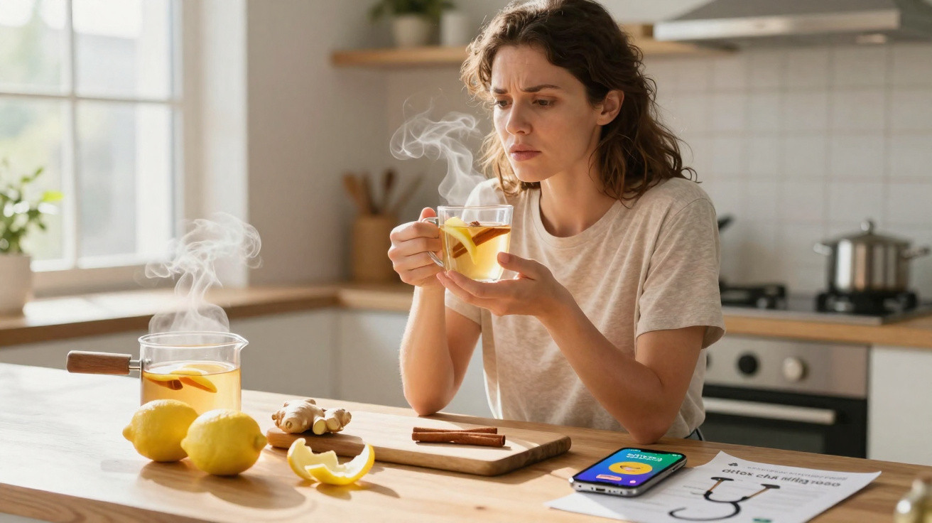 Woman smelling a steaming cup of lemon and cinnamon tea in a bright kitchen with fresh ingredients on the table.