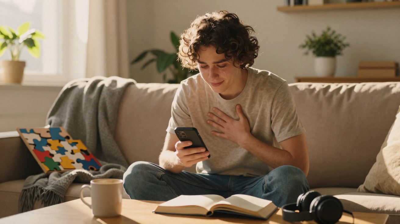 Young man sitting cross-legged on a sofa, smiling at his phone with an open book and headphones on the table.
