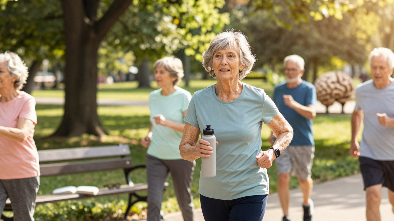 Group of elderly people jogging and exercising outdoors in a sunny park with trees and a bench.
