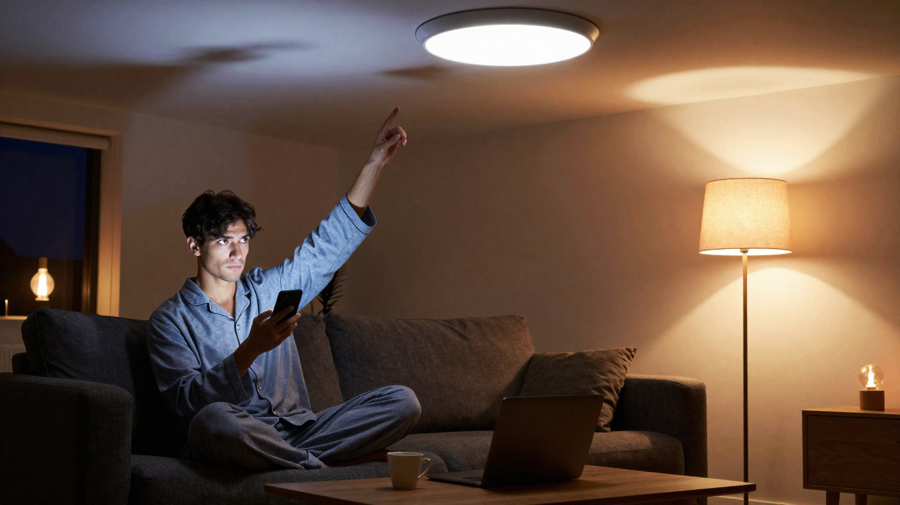 Man in pajamas sitting on sofa using smartphone to control ceiling light in a dimly lit living room at night.