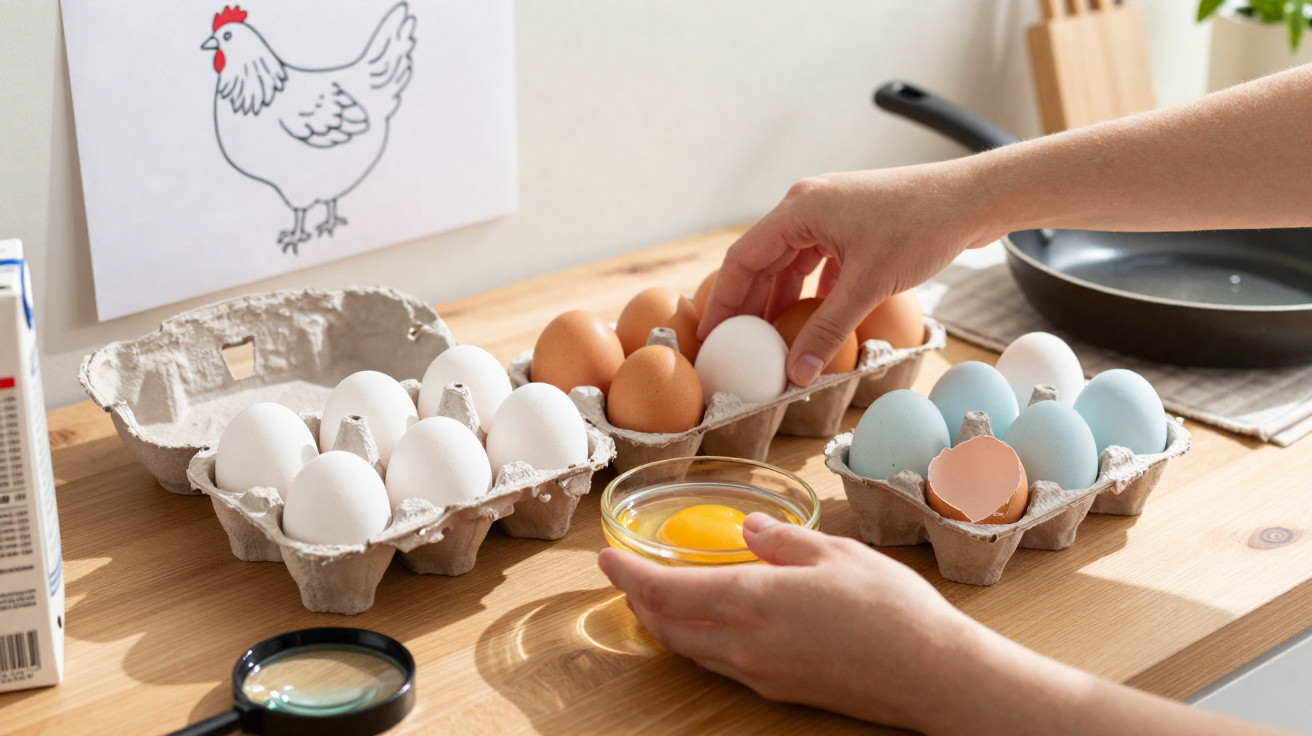 Hands holding a white egg above cartons of white, brown, and blue eggs and a bowl with a cracked egg yolk on a kitchen table