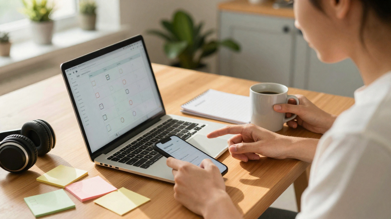 Person holding smartphone and coffee cup working on laptop at wooden desk with sticky notes and headphones nearby.