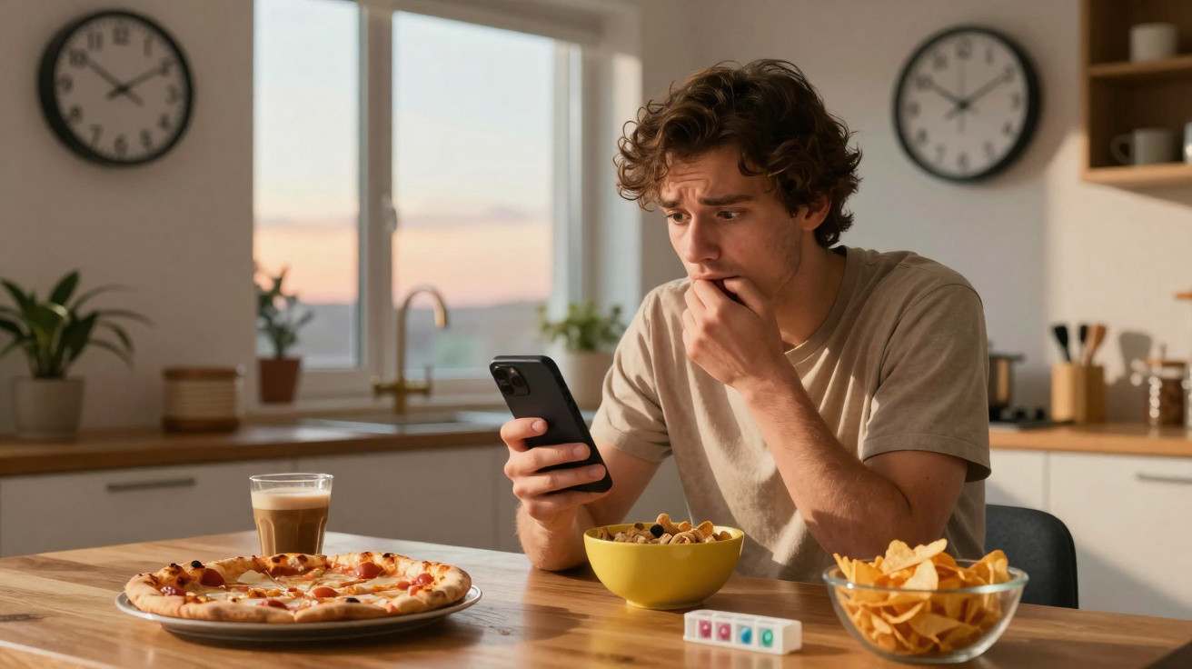 Young man looking worriedly at phone while sitting at kitchen table with pizza, snacks, and a coffee drink.