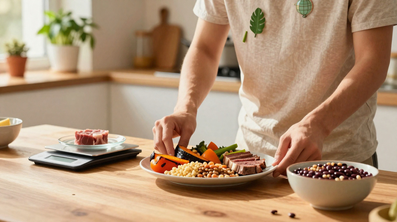 Person plating a balanced meal with meat, vegetables, and legumes on a wooden kitchen counter.