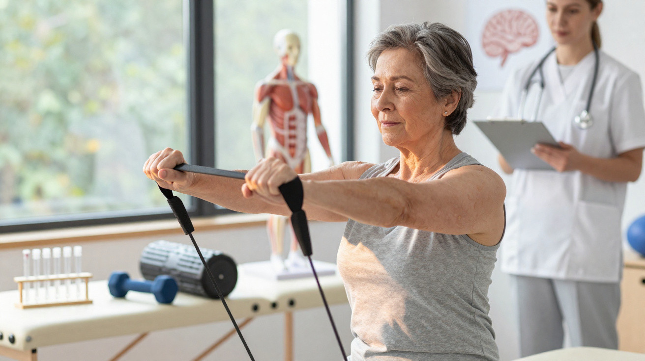 Older woman exercising with resistance bands while a healthcare professional observes and takes notes in a clinic.