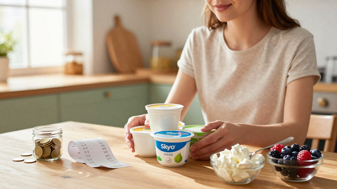 Woman placing Skyo yogurt pots on a wooden table with coins, receipt, and bowls of cream and berries nearby.