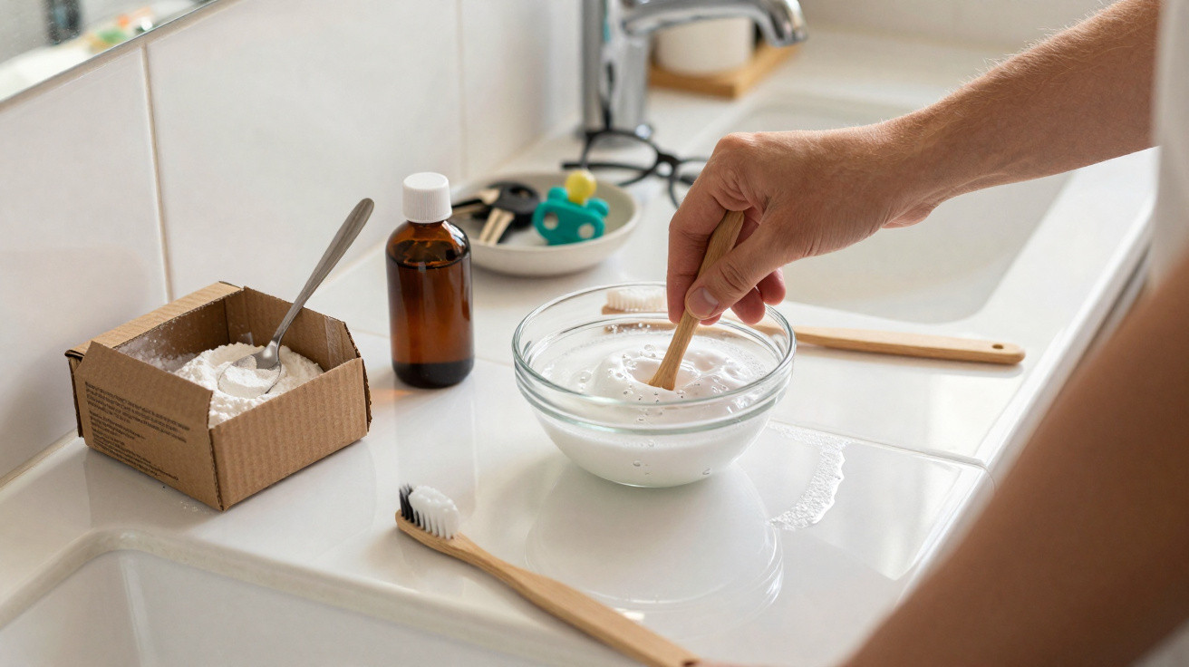 Hand stirring a mixture in a glass bowl on a bathroom sink with natural cleaning ingredients nearby.
