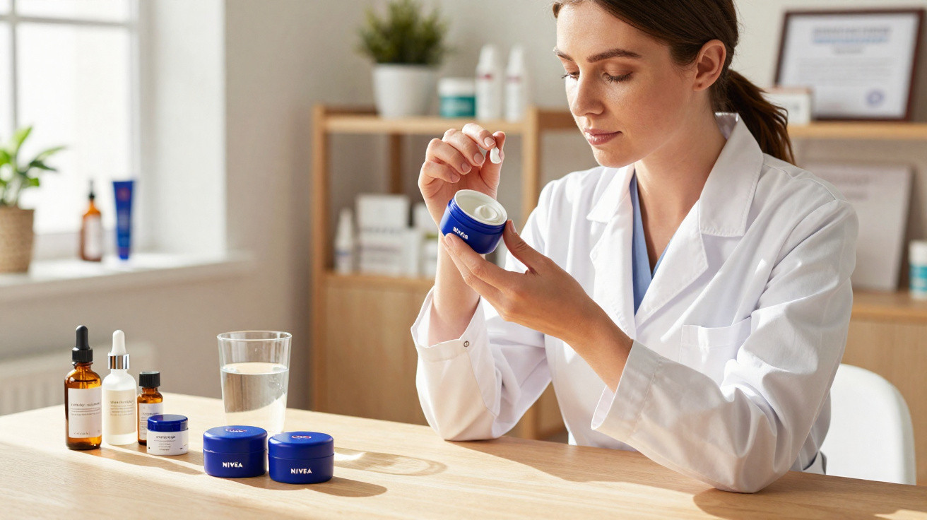 Woman in white coat examining Nivea cream jar at a wooden table with skincare products and a glass of water.