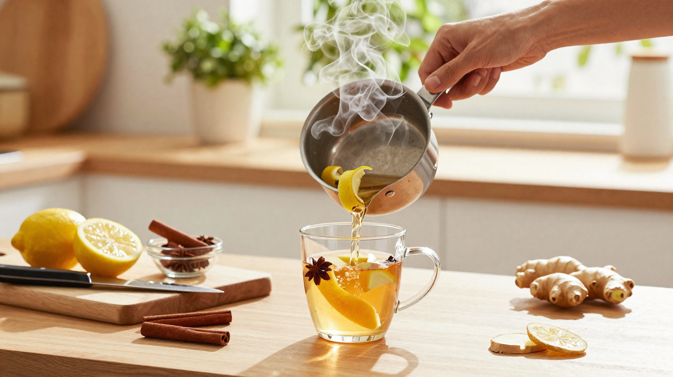 Hand pouring steaming lemon and ginger tea with cinnamon and star anise in a glass cup on a kitchen counter.