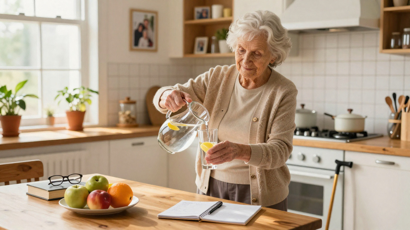 Elderly woman pouring lemon water into a glass in a bright kitchen with fruit and a notebook on the table.