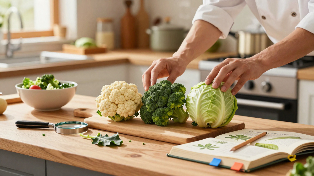 Person arranging cauliflower, broccoli, and cabbage on a wooden chopping board in a kitchen with a botanical book open nearby