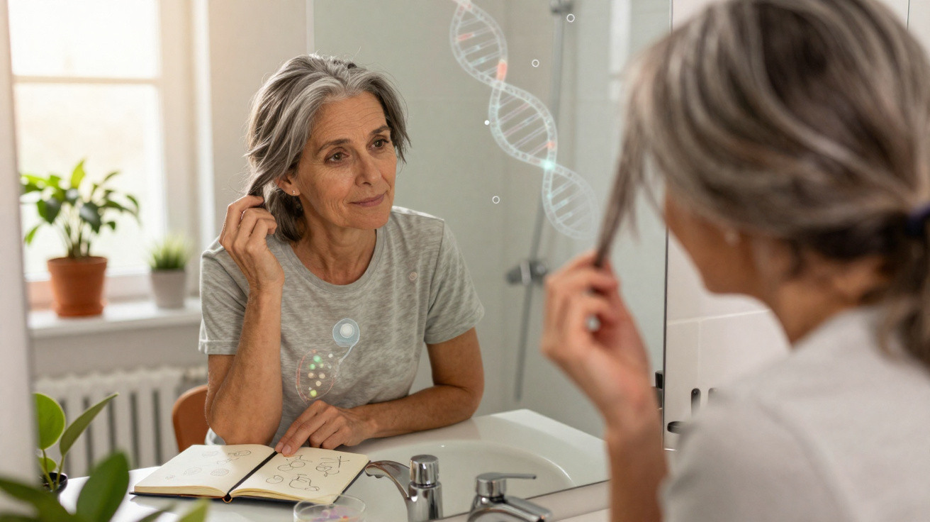 Middle-aged woman examining her grey hair in bathroom mirror with DNA graphics and notebook on the counter.