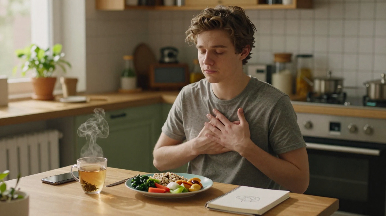 Young man sitting at kitchen table with food and tea, holding chest as if in discomfort or gratitude.