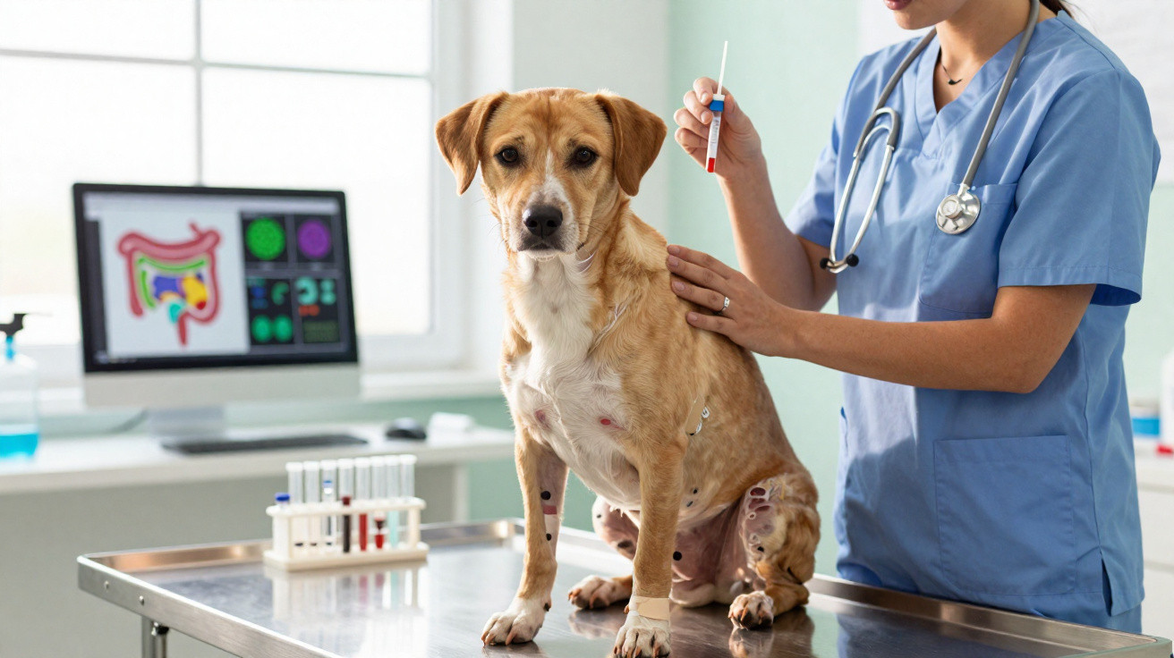 Veterinarian holding blood sample near brown and white dog on metal examination table in clinic.