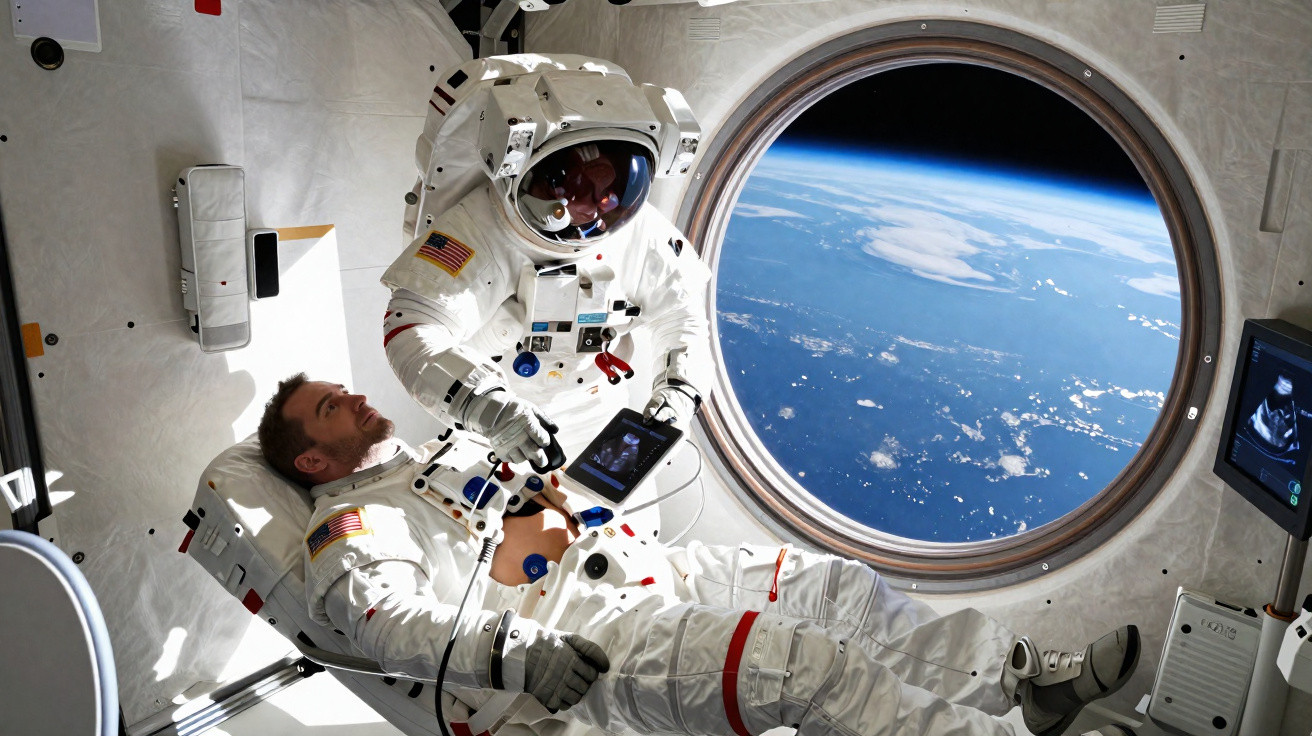 Two astronauts inside a spacecraft with Earth visible through a round window in the background.