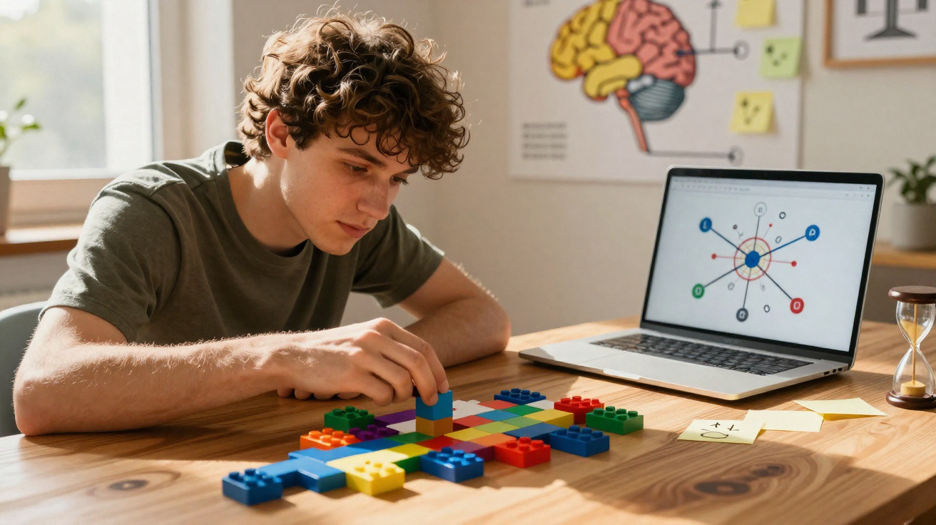 Young man building a colourful block pattern on a table with a laptop showing a diagram in the background.