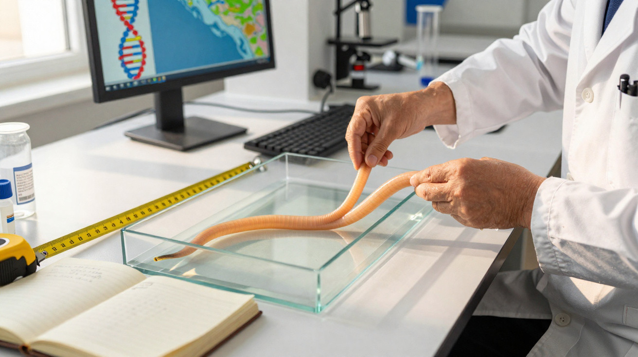 Scientist examining a large earthworm in a glass tray in a laboratory with DNA and geographic data on a screen.