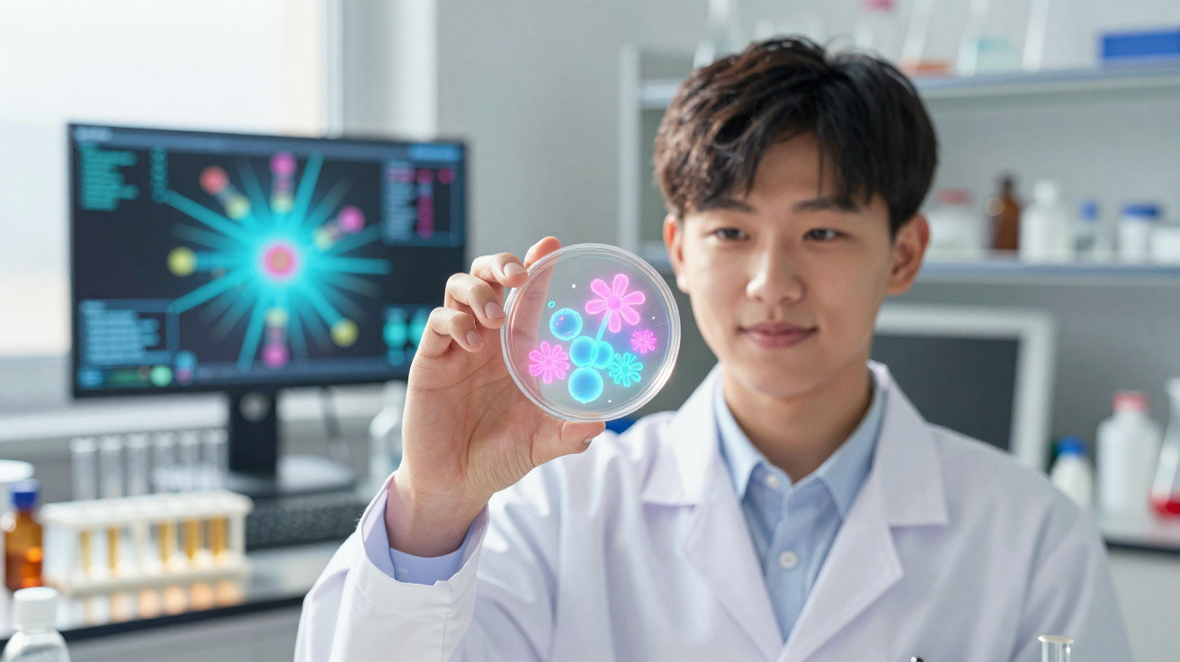 Scientist in a lab coat holding a petri dish with glowing colourful bacteria patterns in a laboratory.